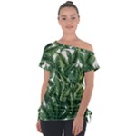 Tropical leaves Off Shoulder Tie-Up T-Shirt
