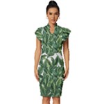 Tropical leaves Vintage Frill Sleeve V-Neck Bodycon Dress