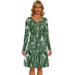 Tropical leaves Long Sleeve Dress With Pocket