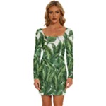 Tropical leaves Long Sleeve Square Neck Bodycon Velvet Dress