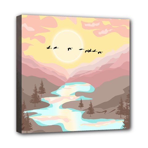 Mountain Birds River Sunset Nature Mini Canvas 8  x 8  (Stretched) from UrbanLoad.com