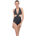 Black Background With Gold Lines Halter Front Plunge Swimsuit