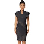 Black Background With Gold Lines Vintage Frill Sleeve V-Neck Bodycon Dress