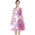 Violet Floral Pattern V-Neck Midi Sleeveless Dress 