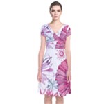 Violet Floral Pattern Short Sleeve Front Wrap Dress