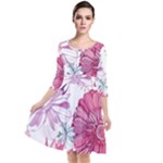 Violet Floral Pattern Quarter Sleeve Waist Band Dress