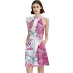 Violet Floral Pattern Cocktail Party Halter Sleeveless Dress With Pockets