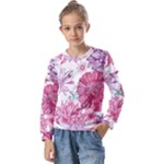 Violet Floral Pattern Kids  Long Sleeve T-Shirt with Frill 