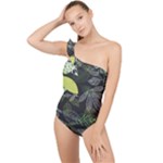 Leaves Floral Pattern Nature Frilly One Shoulder Swimsuit