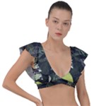 Leaves Floral Pattern Nature Plunge Frill Sleeve Bikini Top