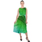 3d Leaves Texture Sheet Blue Green Midi Tie-Back Chiffon Dress