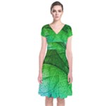 3d Leaves Texture Sheet Blue Green Short Sleeve Front Wrap Dress