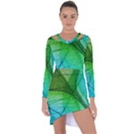 3d Leaves Texture Sheet Blue Green Asymmetric Cut-Out Shift Dress