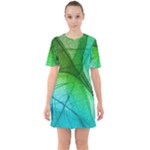 3d Leaves Texture Sheet Blue Green Sixties Short Sleeve Mini Dress