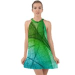 3d Leaves Texture Sheet Blue Green Halter Tie Back Chiffon Dress