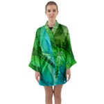 3d Leaves Texture Sheet Blue Green Long Sleeve Satin Kimono
