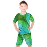 3d Leaves Texture Sheet Blue Green Kids  T-Shirt and Shorts Set