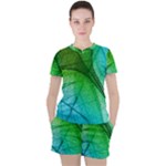3d Leaves Texture Sheet Blue Green Women s T-Shirt and Shorts Set