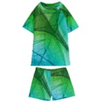 3d Leaves Texture Sheet Blue Green Kids  Swim T-Shirt and Shorts Set