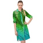 3d Leaves Texture Sheet Blue Green Long Sleeve Mini Shirt Dress
