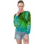 3d Leaves Texture Sheet Blue Green Banded Bottom Chiffon Top