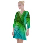 3d Leaves Texture Sheet Blue Green Open Neck Shift Dress