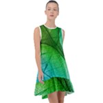 3d Leaves Texture Sheet Blue Green Frill Swing Dress
