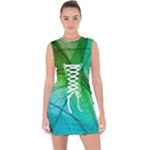 3d Leaves Texture Sheet Blue Green Lace Up Front Bodycon Dress