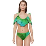 3d Leaves Texture Sheet Blue Green Ruffle Edge Tie Up Bikini Set	