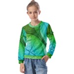 3d Leaves Texture Sheet Blue Green Kids  Long Sleeve T-Shirt with Frill 
