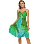 3d Leaves Texture Sheet Blue Green Sleeveless Tie Front Chiffon Dress
