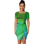 3d Leaves Texture Sheet Blue Green Fitted Knot Split End Bodycon Dress