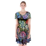 Floral Fractal 3d Art Pattern Short Sleeve V-neck Flare Dress