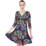Floral Fractal 3d Art Pattern Quarter Sleeve Front Wrap Dress