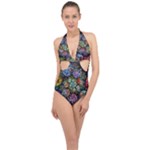 Floral Fractal 3d Art Pattern Halter Front Plunge Swimsuit