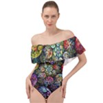 Floral Fractal 3d Art Pattern Off Shoulder Velour Bodysuit 