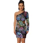 Floral Fractal 3d Art Pattern Long Sleeve One Shoulder Mini Dress