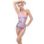 Owls Family Stripe Tree Plunging Cut Out Swimsuit