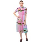 Owls Family Stripe Tree Keyhole Neckline Chiffon Dress