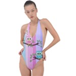 Owls Family Stripe Tree Backless Halter One Piece Swimsuit