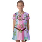 Owls Family Stripe Tree Kids  Short Sleeve Pinafore Style Dress