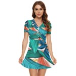 Leaves-3923413 V-Neck High Waist Chiffon Mini Dress