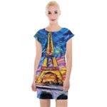 Eiffel Tower Starry Night Print Van Gogh Cap Sleeve Bodycon Dress