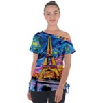 Eiffel Tower Starry Night Print Van Gogh Off Shoulder Tie-Up T-Shirt