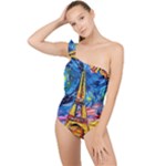 Eiffel Tower Starry Night Print Van Gogh Frilly One Shoulder Swimsuit