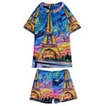 Eiffel Tower Starry Night Print Van Gogh Kids  Swim T-Shirt and Shorts Set