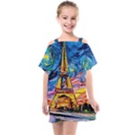 Eiffel Tower Starry Night Print Van Gogh Kids  One Piece Chiffon Dress