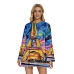 Eiffel Tower Starry Night Print Van Gogh Round Neck Long Sleeve Bohemian Style Chiffon Mini Dress