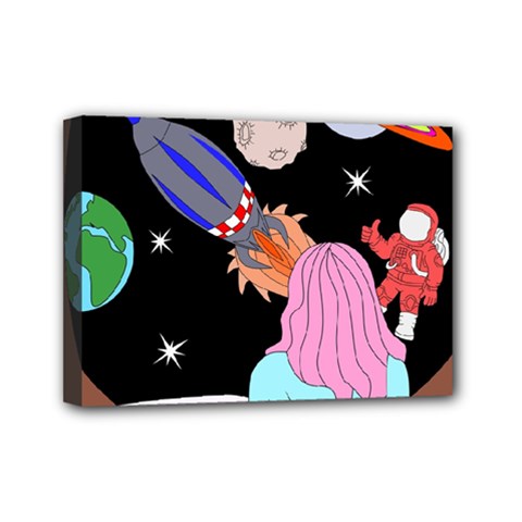 Girl Bed Space Planets Spaceship Rocket Astronaut Galaxy Universe Cosmos Woman Dream Imagination Bed Mini Canvas 7  x 5  (Stretched) from UrbanLoad.com