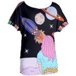 Girl Bed Space Planets Spaceship Rocket Astronaut Galaxy Universe Cosmos Woman Dream Imagination Bed Women s Oversized T-Shirt